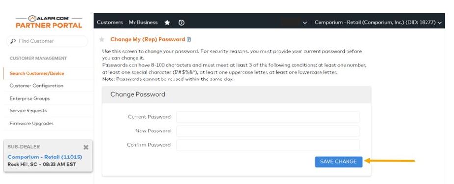 How do I change my username/password for the Alarm.com customer portal?
