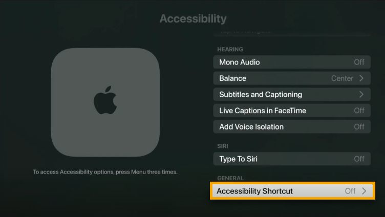 How do I enable the Accessibility Shortcut feature for Apple TV?