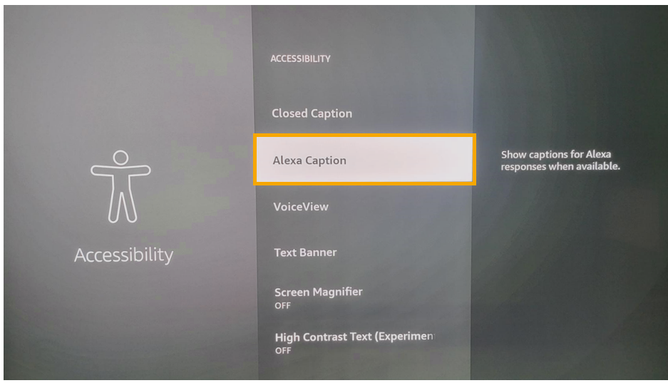 How do I access the Alexa Caption Amazon Fire Stick Accessibility feature?