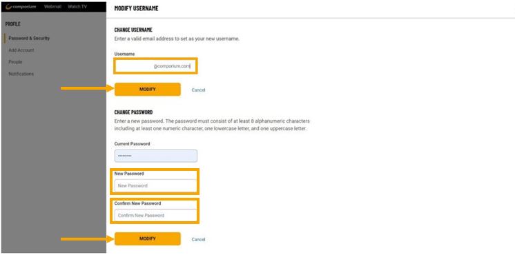 How do I change the My Comporium account username and password?