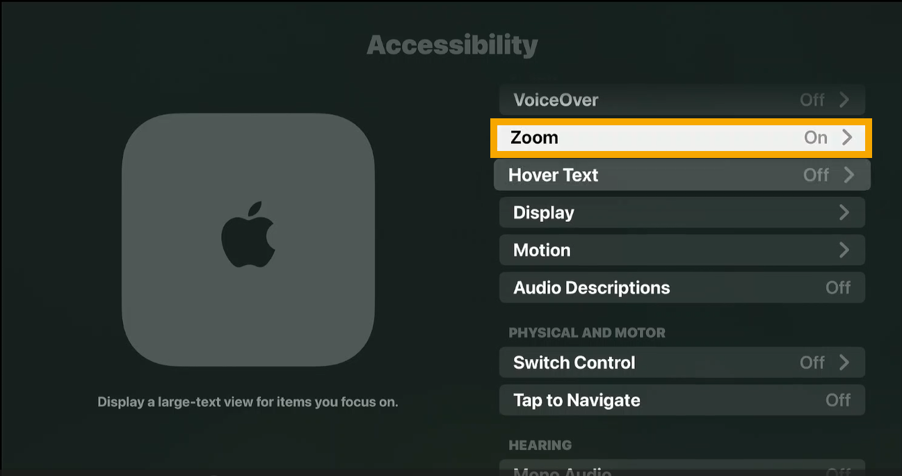 How do I access the Zoom accessibility feature for Apple TV?