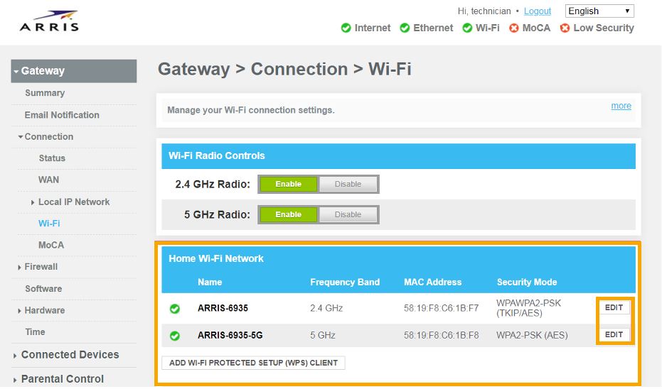 How do I change the WiFi password for Arris 3450 & Arris 9450?